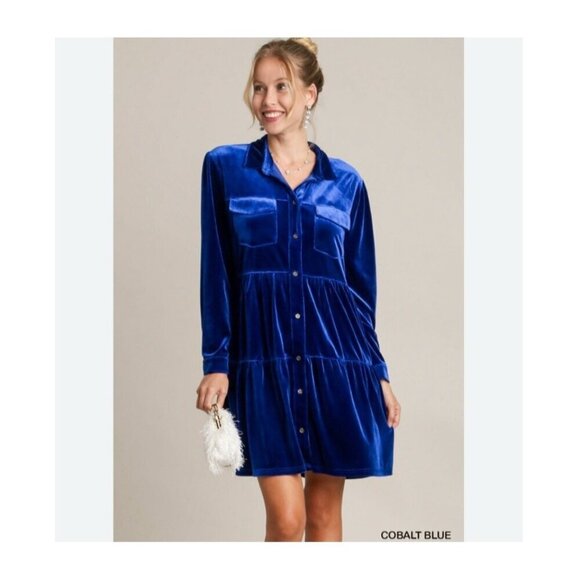 Umgee Cobalt Blue Velvet Long Sleeve Collar Button Down Tiered Pocket Dress Sz L - Picture 1 of 12